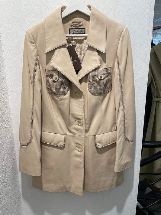 Brand New Beige Structured Leather Coat With Houndstooth Details - M