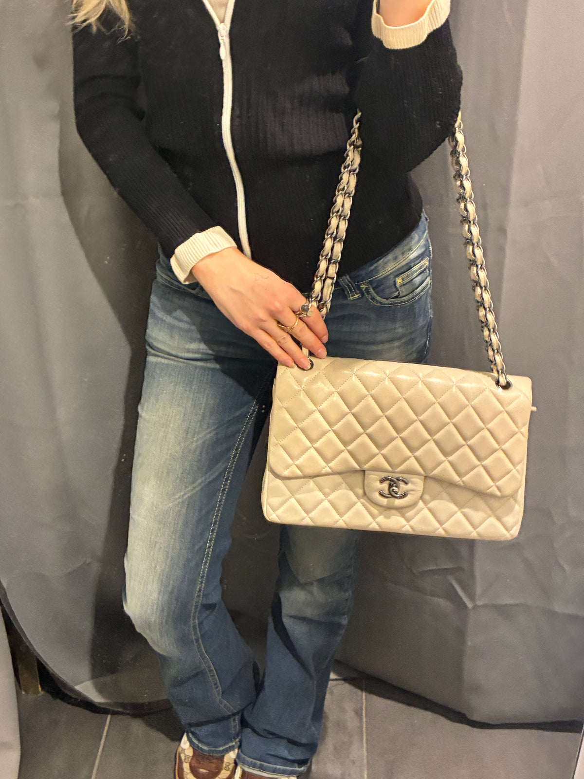 Chanel Classic Double Flap – Jumbo - Beige Lambskin & Dark Silver Hardware