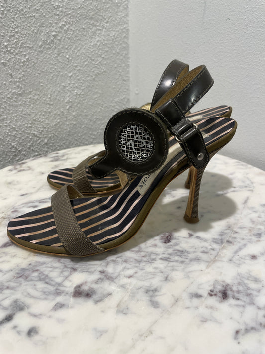 Christian Lacroix Vintage Striped Silk Strappy Sandals with Rhinestone Circle Details -  36