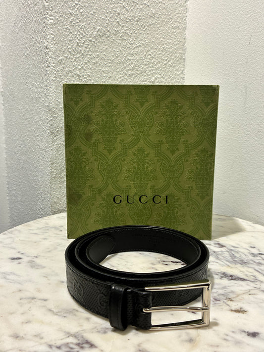 Gucci Logo-Embossed Belt - Black Leather & Silver Buckle – Size 85