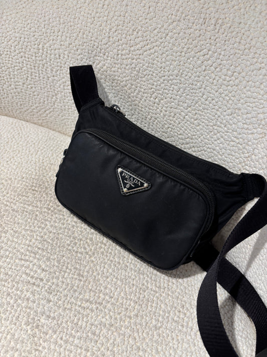 Prada Crossbody Bag - Black Nylon & Silver Logo