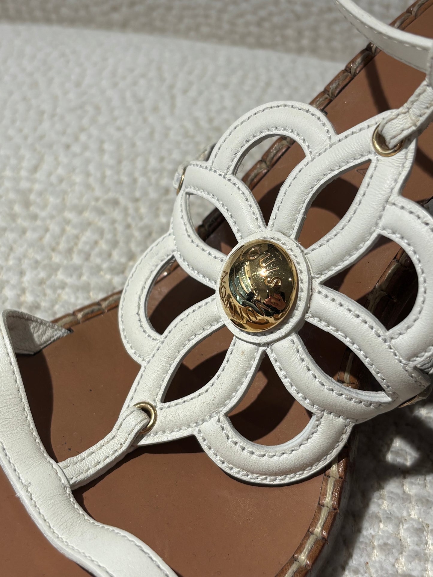 Louis Vuitton Wedge Sandals – White Leather with Flower Detail