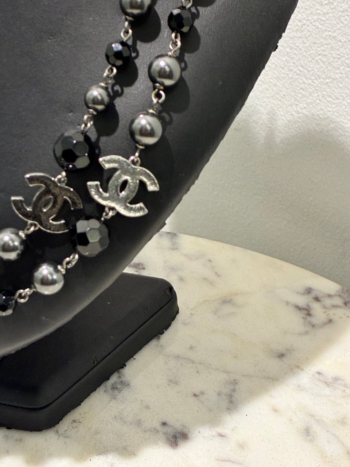 Chanel Beaded Necklace – Black Pearls & Oxidised Silver Logos