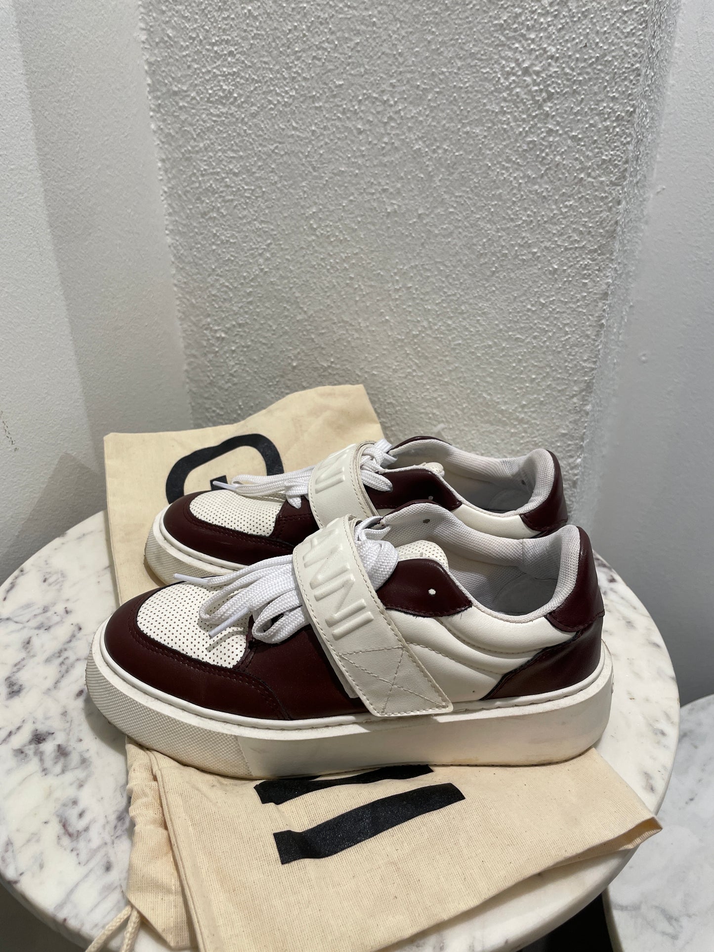 GANNI Sporty Mix Cupsole Low Top Velcro Sneakers – Burgundy / Egret – 36