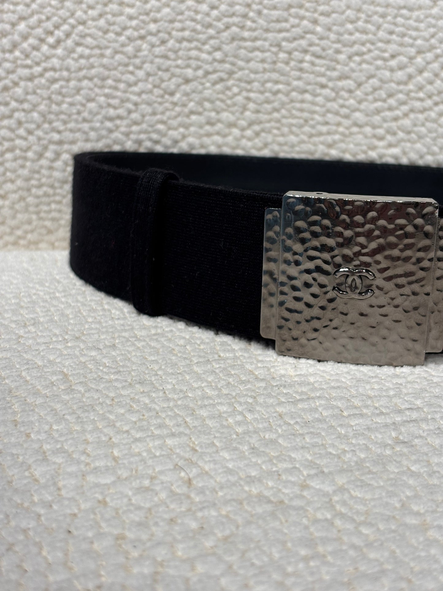 Chanel Belt – Black Canvas with Hammered Silver CC Buckle