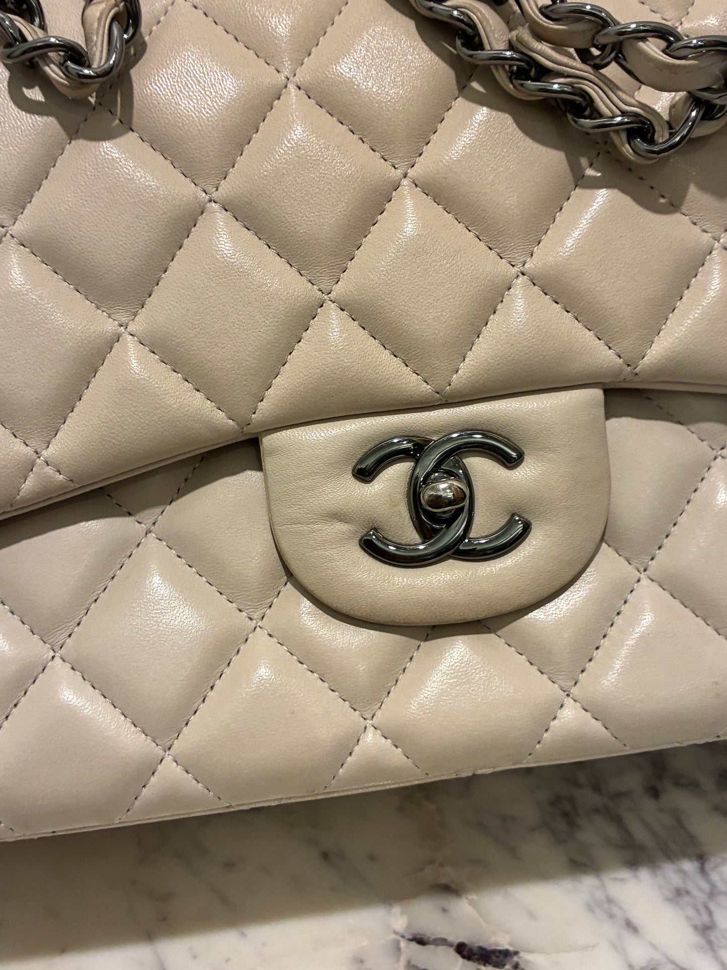 Chanel Classic Double Flap – Jumbo - Beige Lambskin & Dark Silver Hardware