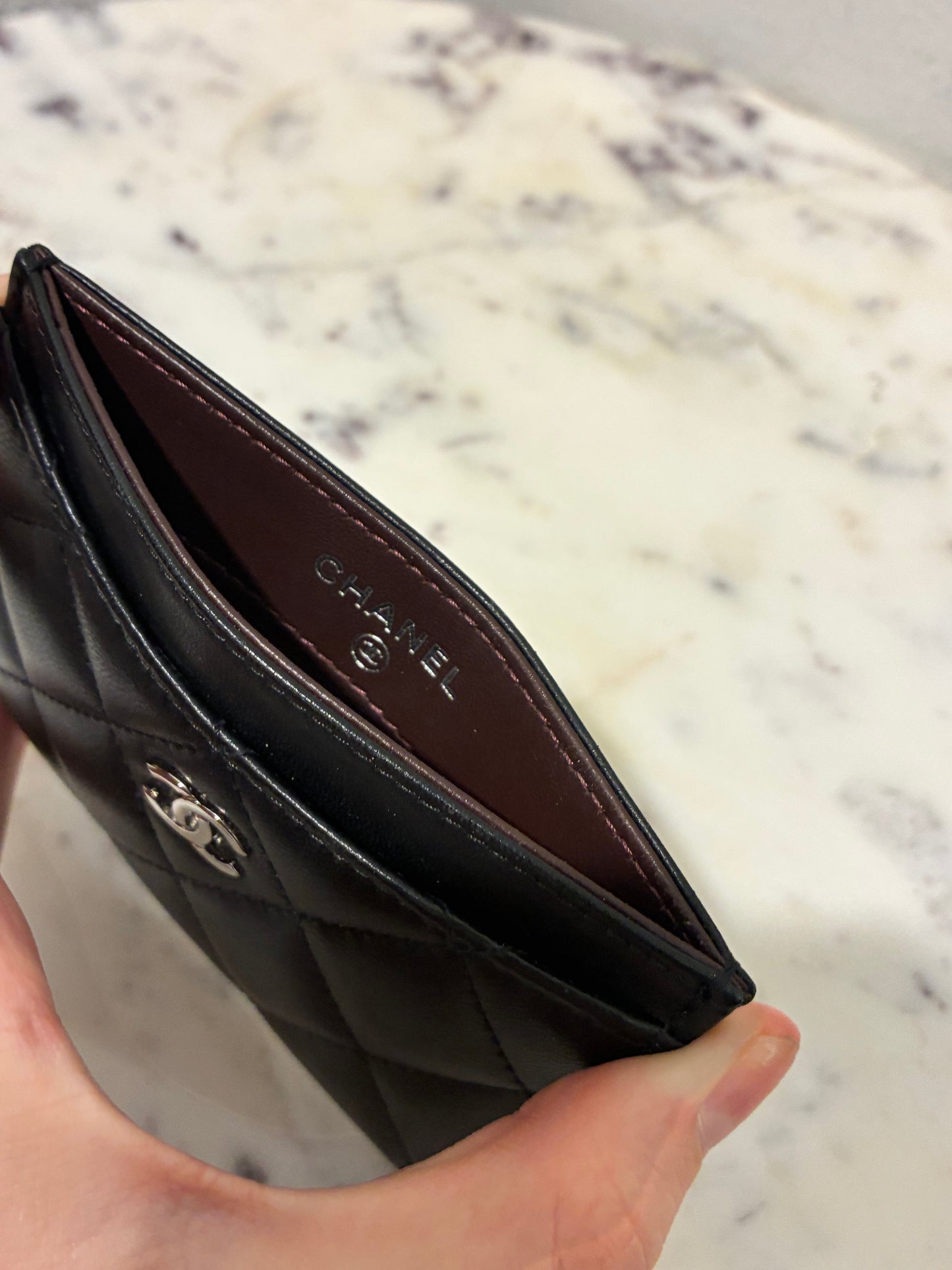 Chanel Cardholder - Black Lamsbkin & Silver Logo