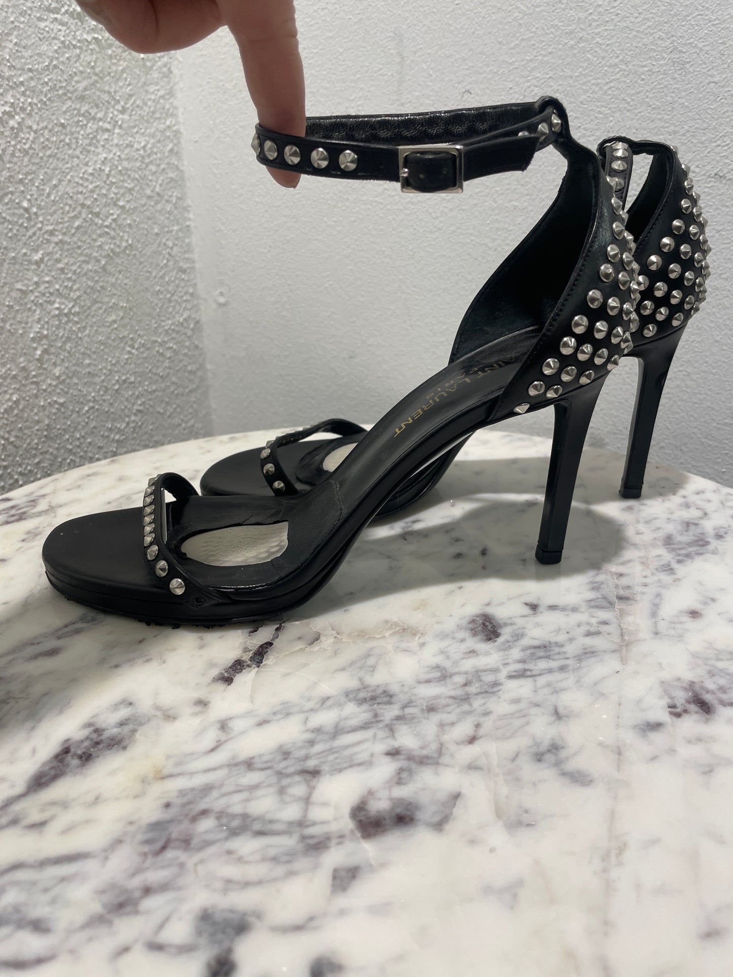 Saint Laurent YSL Janis Black Leather Studded Ankle Strap Sandals - 36
