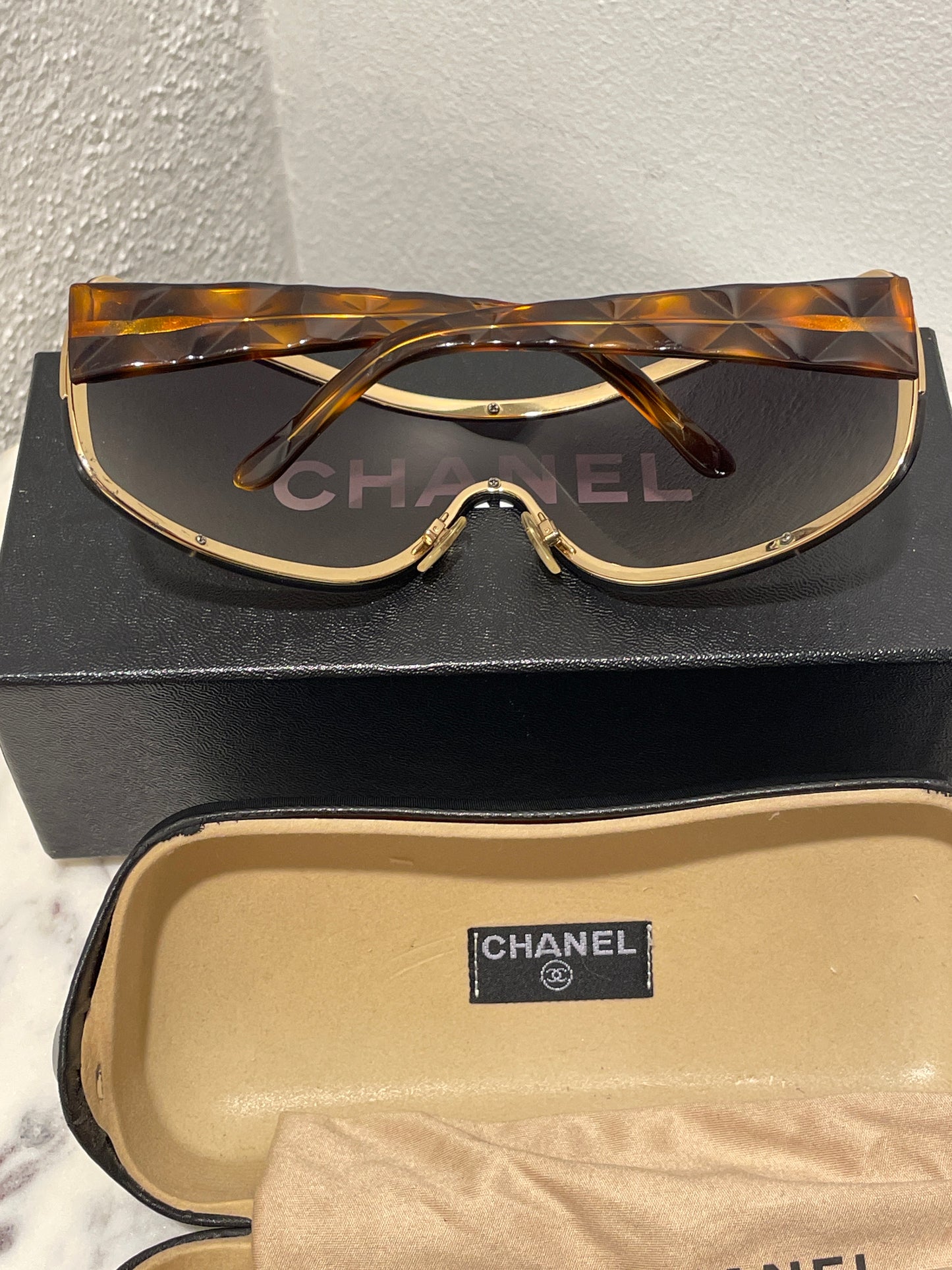 Chanel Vintage Quilted Shield Sunglasses – One Size / Tortoise & Gold