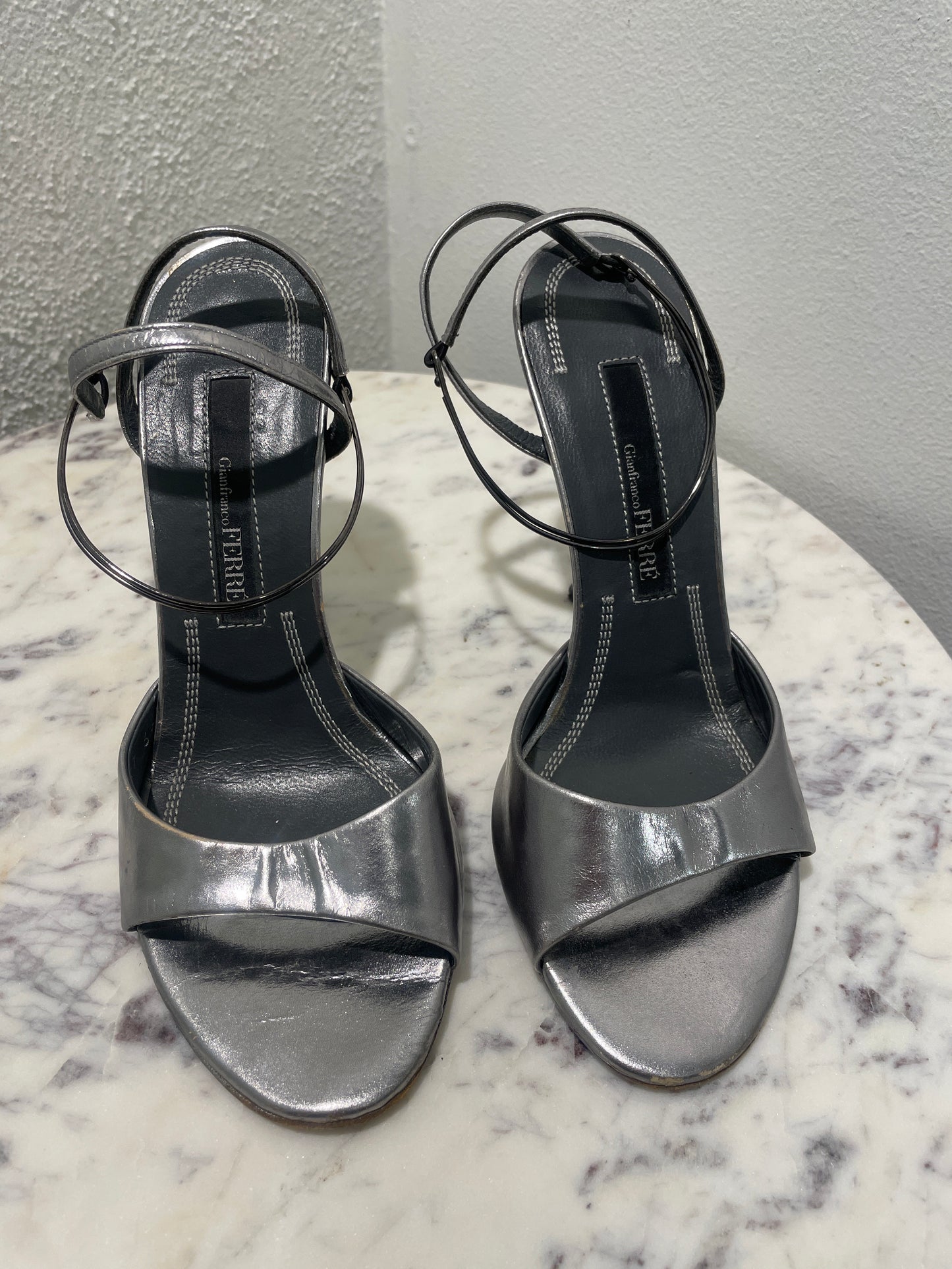 Gianfranco Ferré Metallic Silver Strappy Sandals with Sculpted Cone Heel – 36