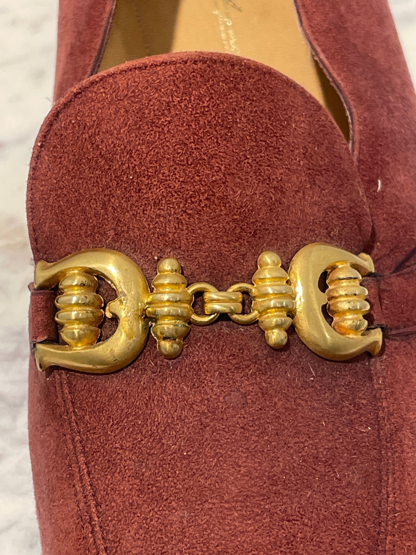 Etienne Aigner Burgundy Suede Loafers with Gold Horsebit – Like-New Condition - 37