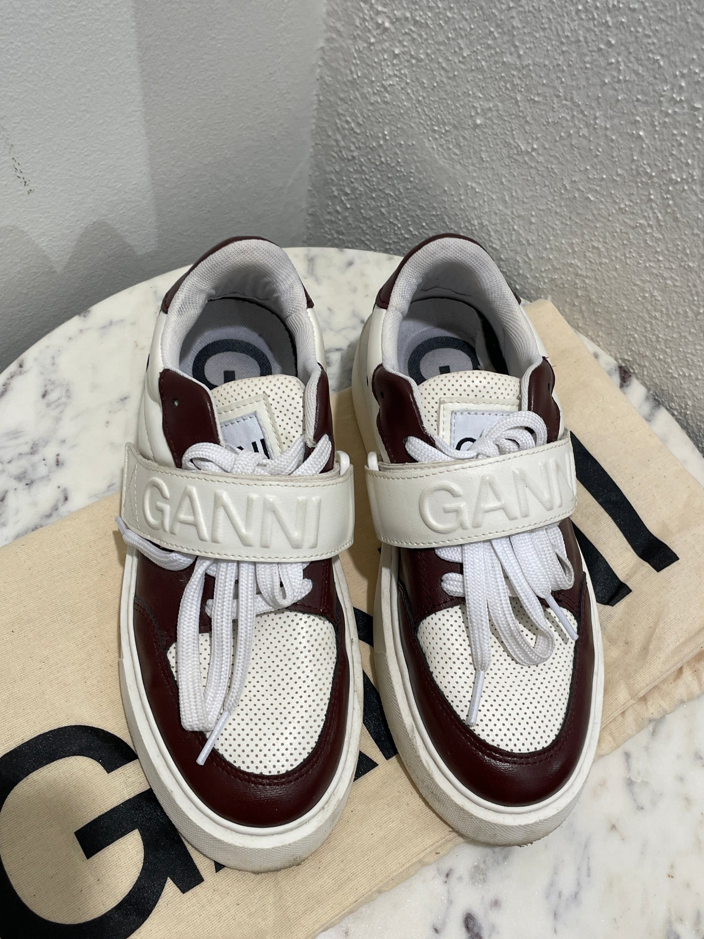 GANNI Sporty Mix Cupsole Low Top Velcro Sneakers – Burgundy / Egret – 36