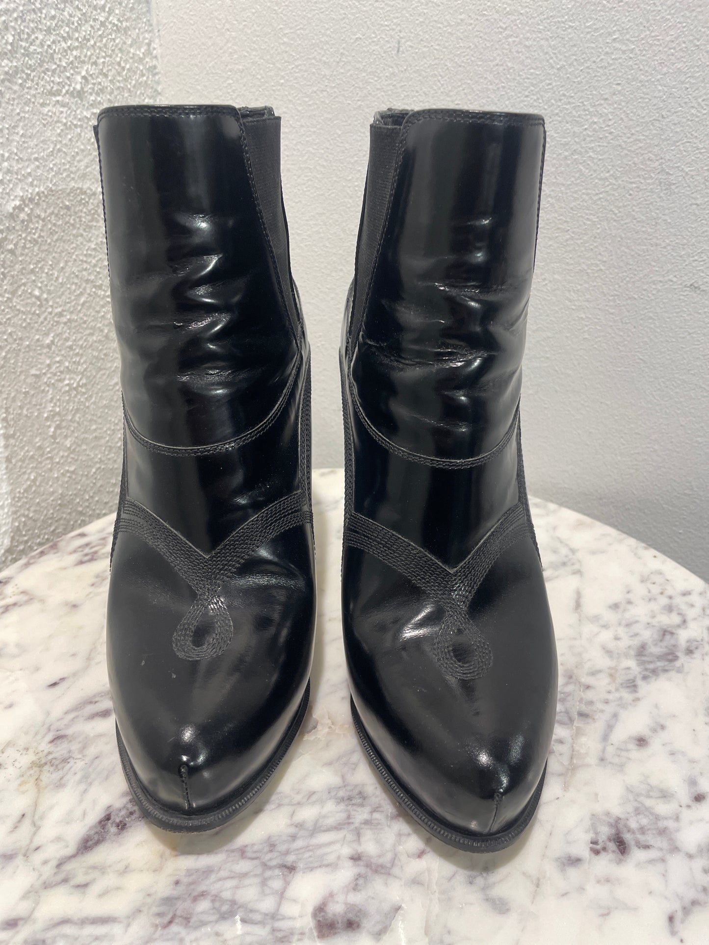 Vintage Prada Black Patent Leather & Elastic Wedge Boots / Booties - 39,5