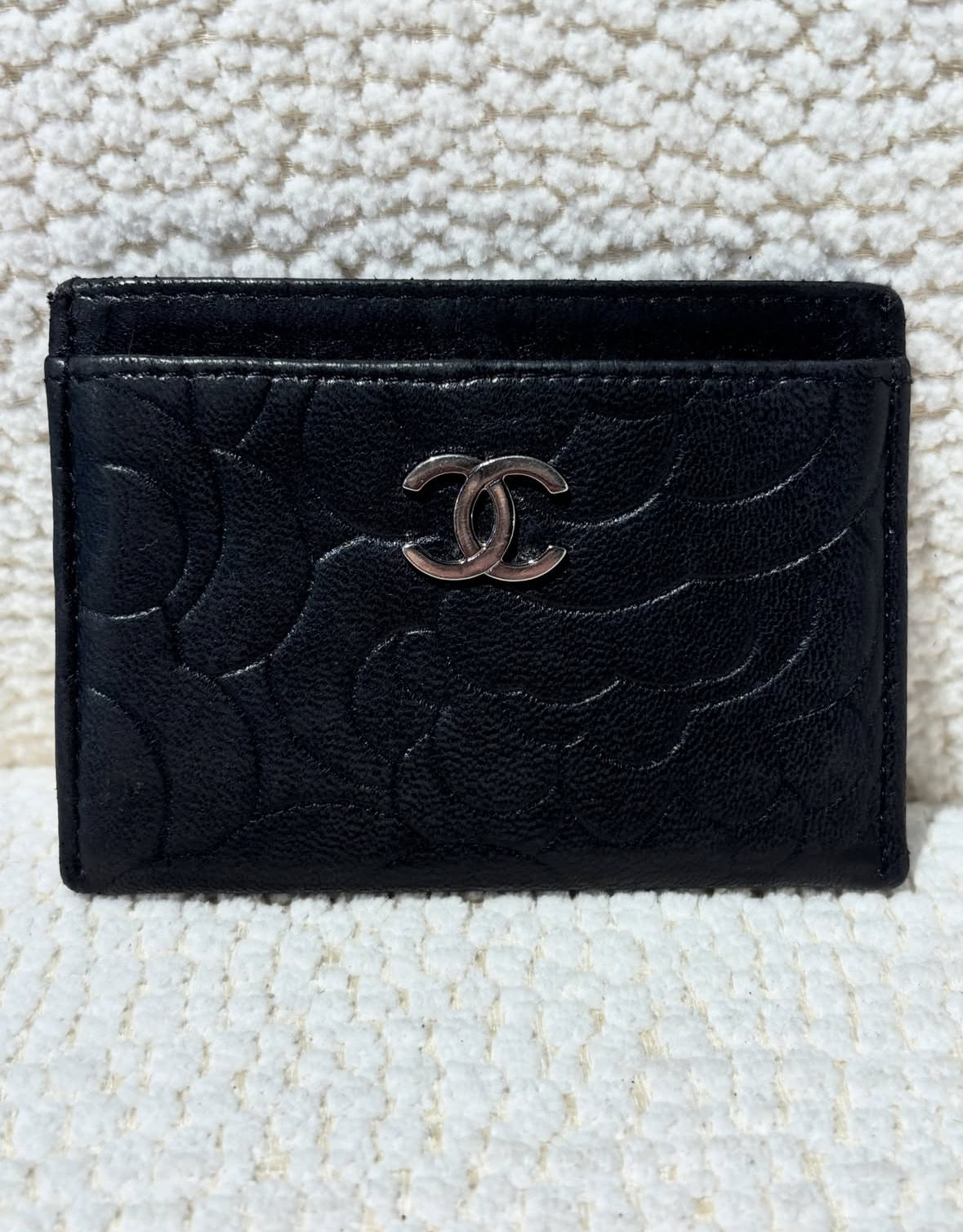 Chanel Cardholder - Camelia - Black Lamsbkin & Silver Logo