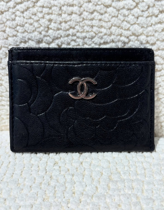 Chanel Cardholder - Camelia - Black Lamsbkin & Silver Logo