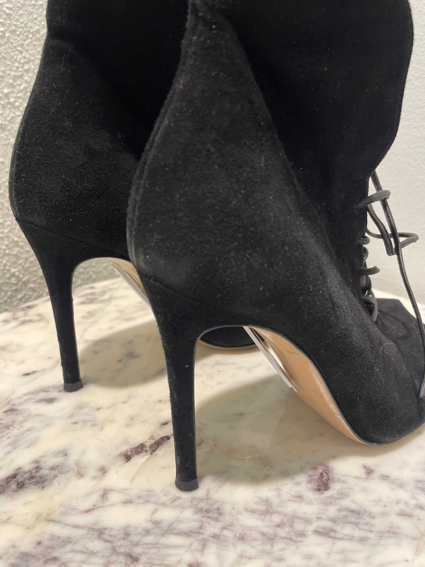Gianvito Rossi Black Suede Lace-Up Peep-Toe Booties - 36