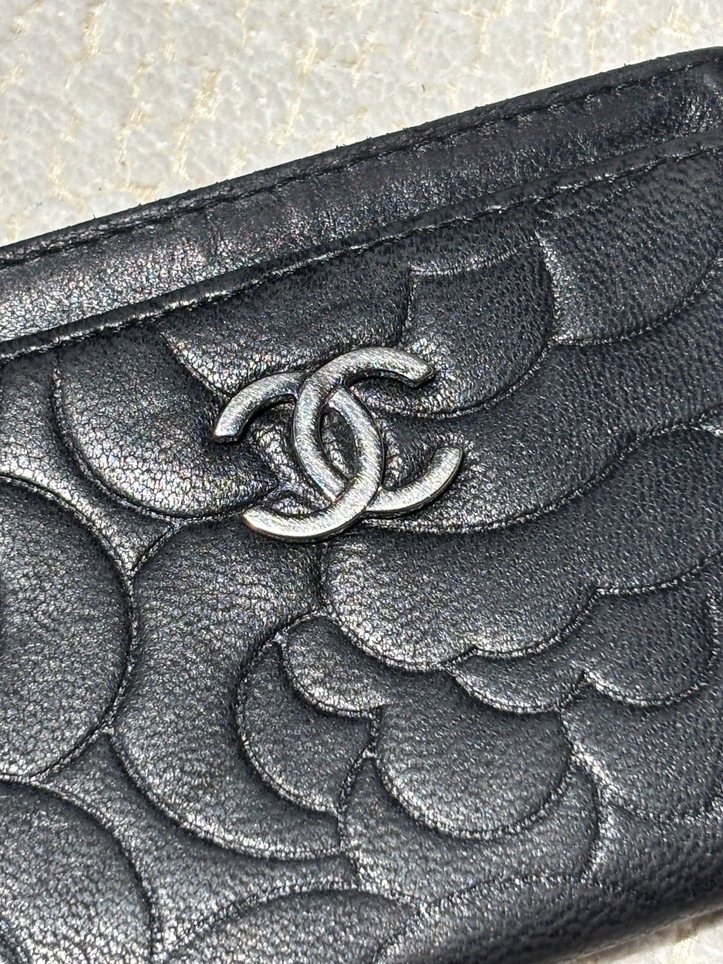 Chanel Cardholder - Camelia - Black Lamsbkin & Silver Logo