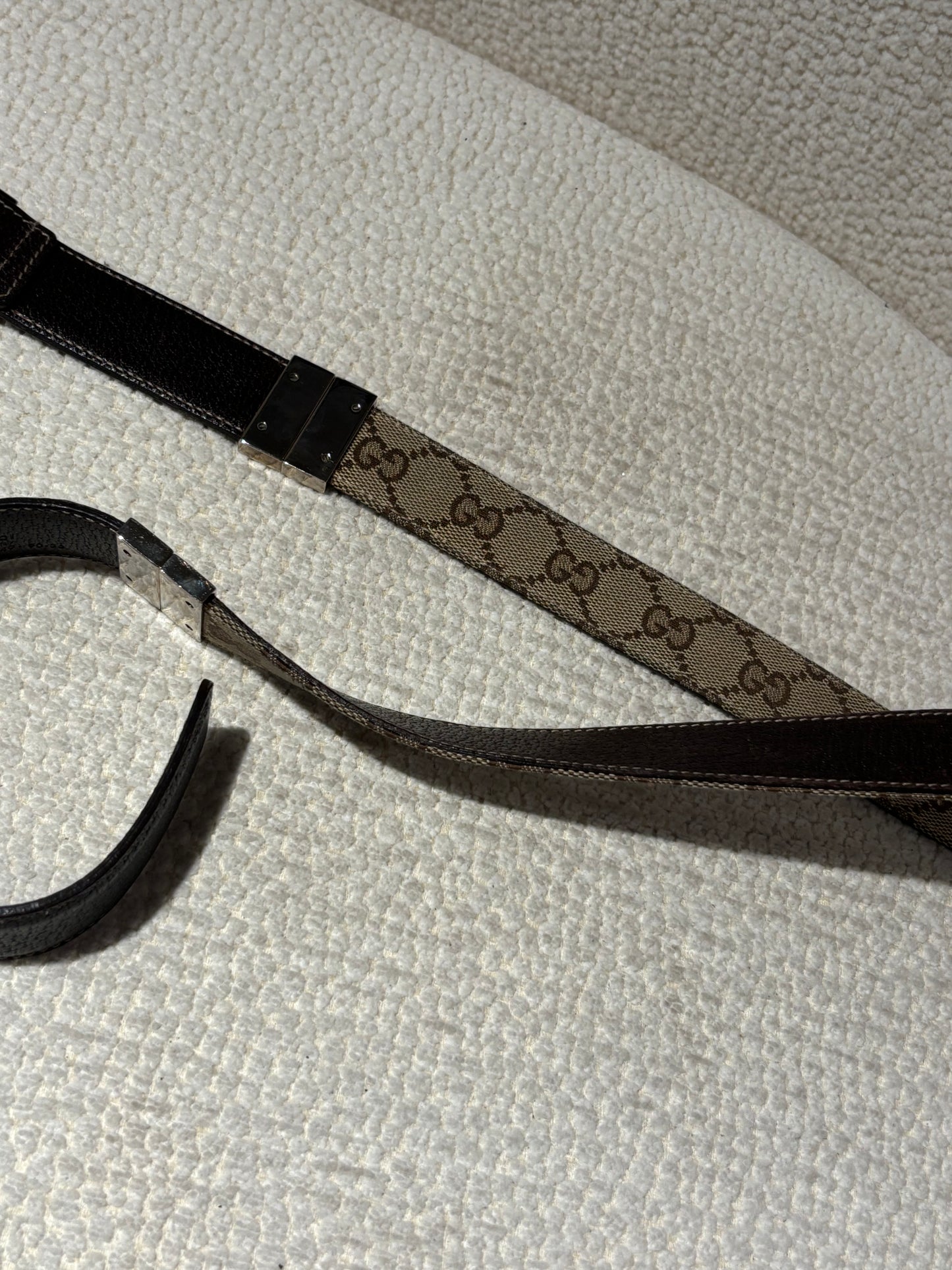 Gucci Belt - Twist Reversible Beige Monogram & Brown Leather