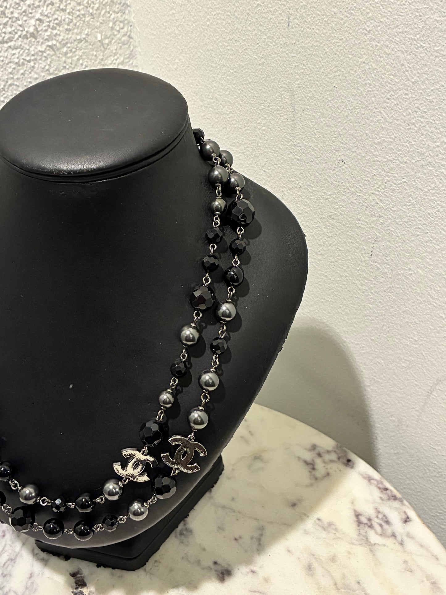 Chanel Beaded Necklace – Black Pearls & Oxidised Silver Logos