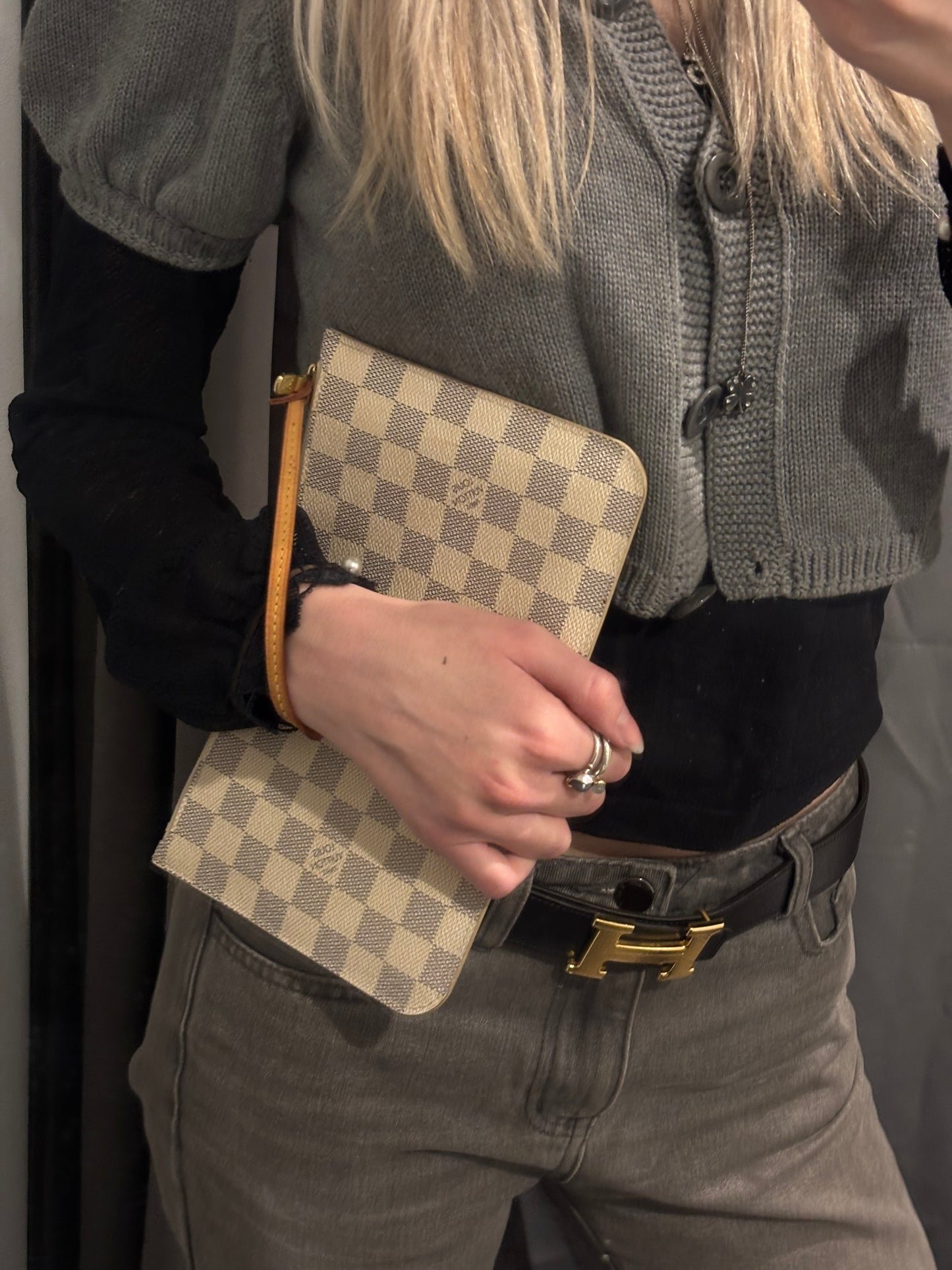 Louis Vuitton Clutch - Damier Logo Print - Ecru Canvas & Brown Leather