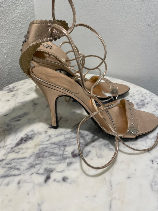 La Perla Metallic Rose Gold Studded Lace-Up Heeled Sandals – 37