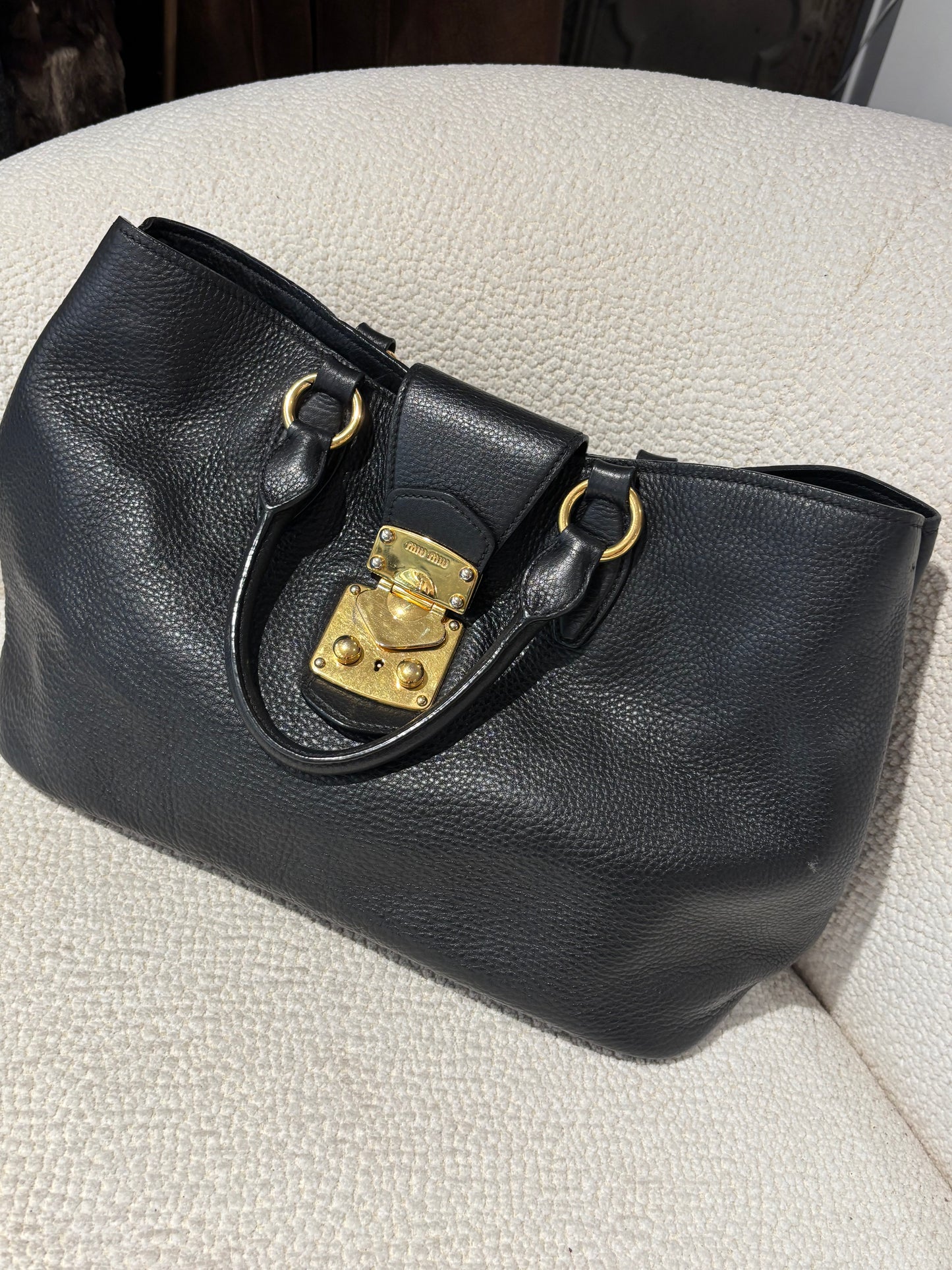 Miu Miu - Vitello Caribu Tote - Black Leather & Gold Hardware