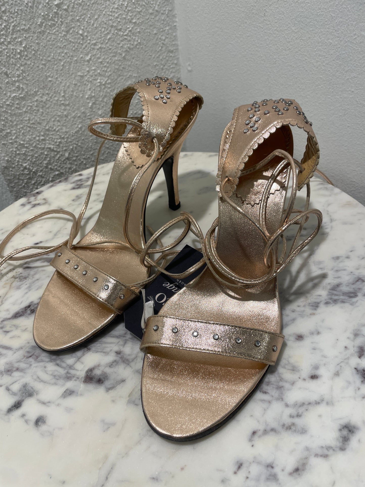 La Perla Metallic Rose Gold Studded Lace-Up Heeled Sandals – 37