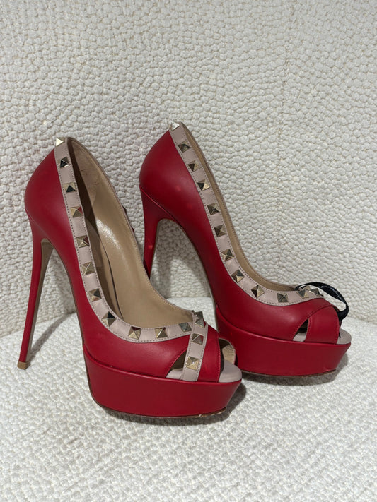 Valentino Platform Heels – Red Leather with Pink Trim & Studs - EU 36