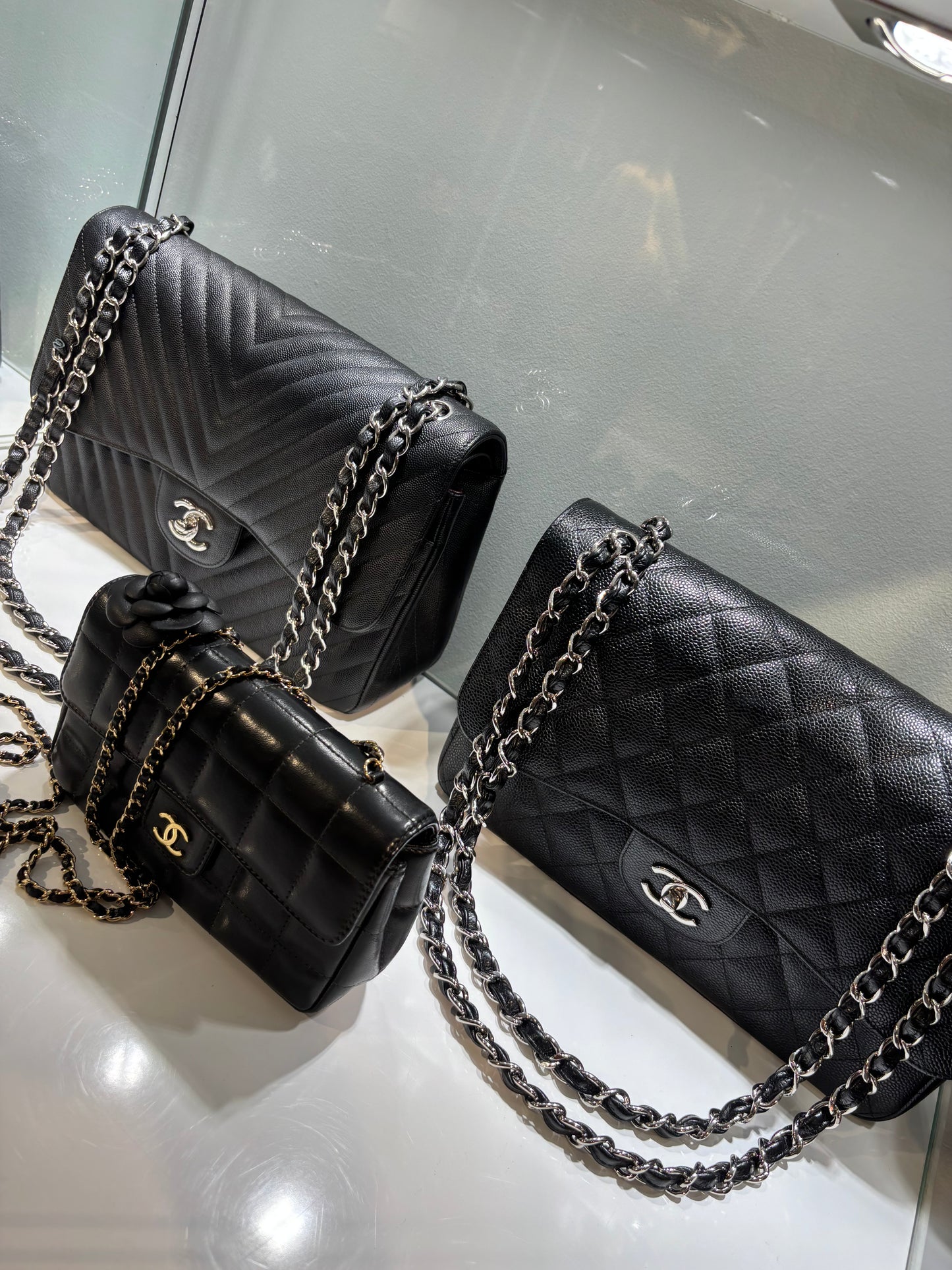 Chanel Classic Flap Bag Chevron - Jumbo - Black Caviar & Silver Hardware