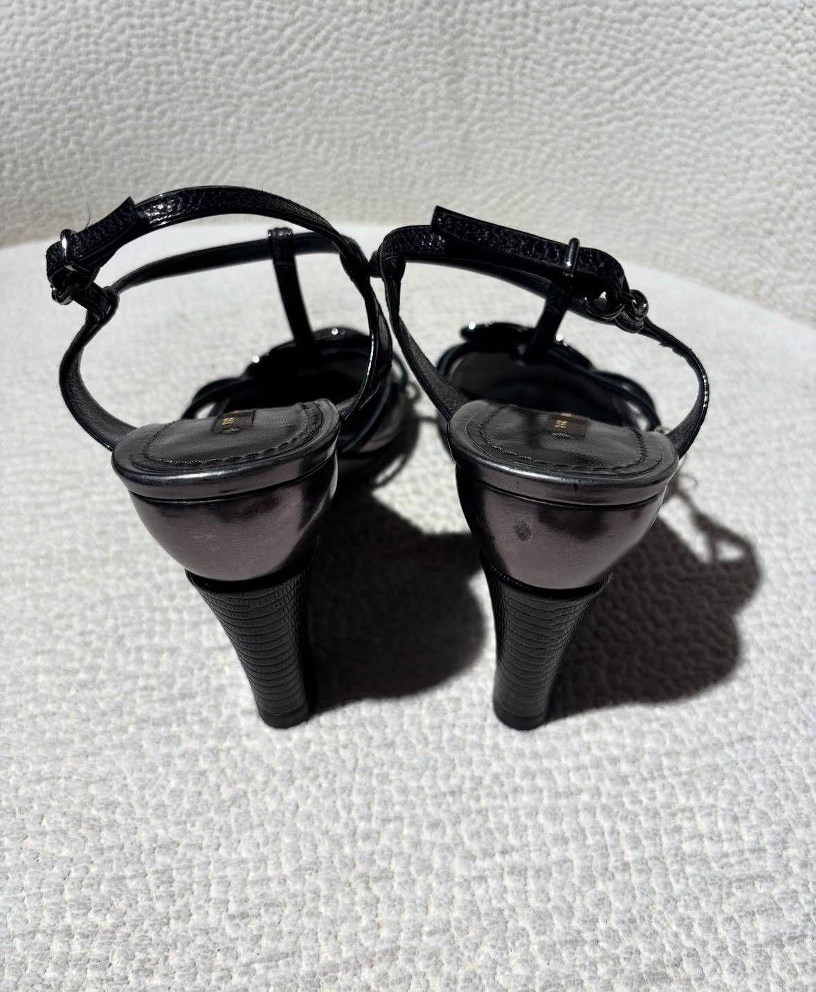Louis Vuitton Wedge Sandals - Black Leather with Butterfly Detail - EU 40