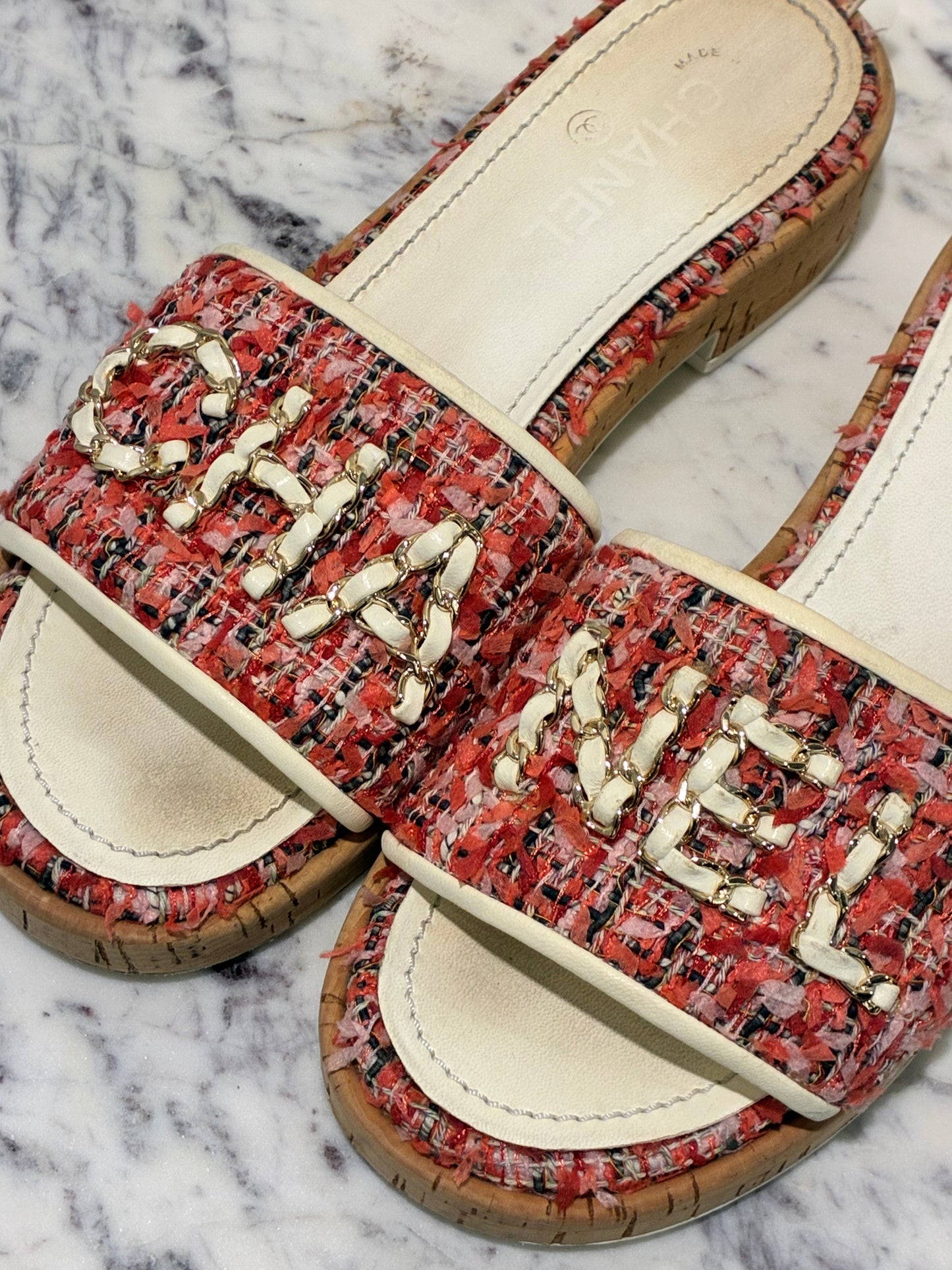 Chanel Tweed Mules – Pink with Chain Logo text – EU 40