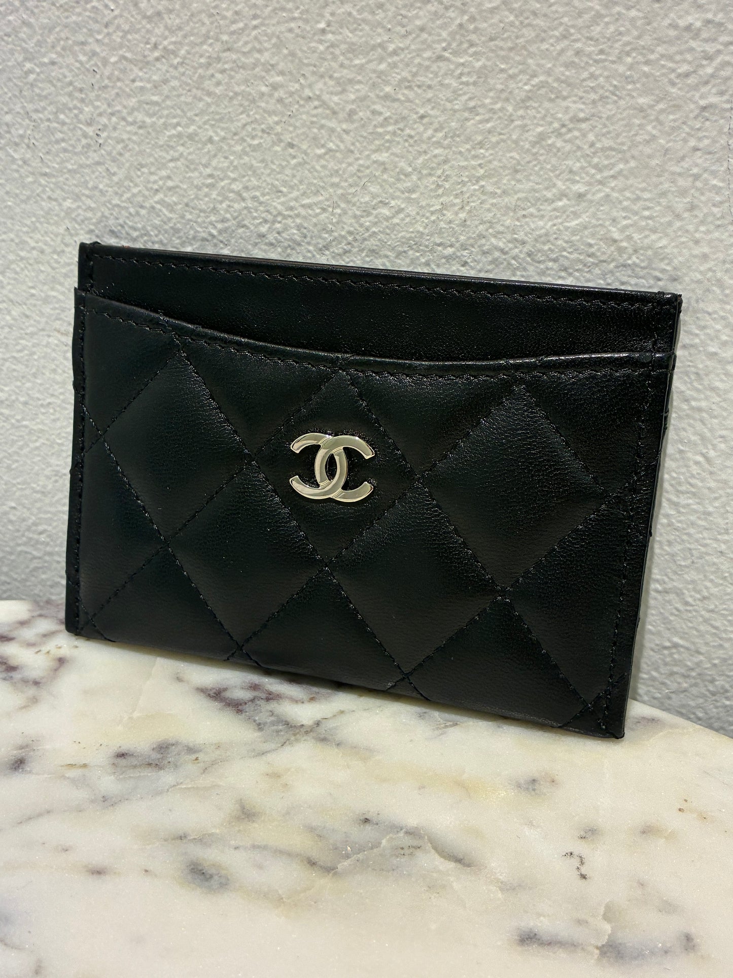 Chanel Cardholder - Black Lamsbkin & Silver Logo
