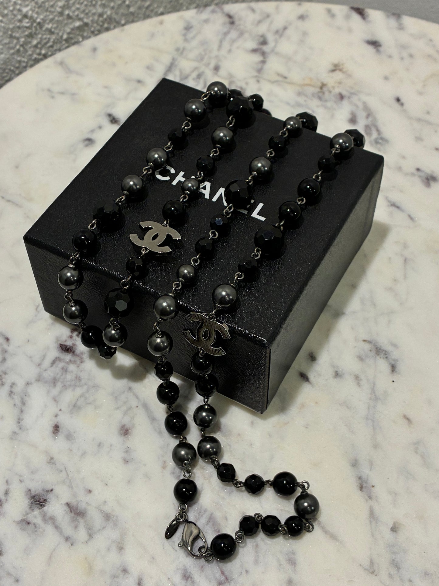 Chanel Beaded Necklace – Black Pearls & Oxidised Silver Logos