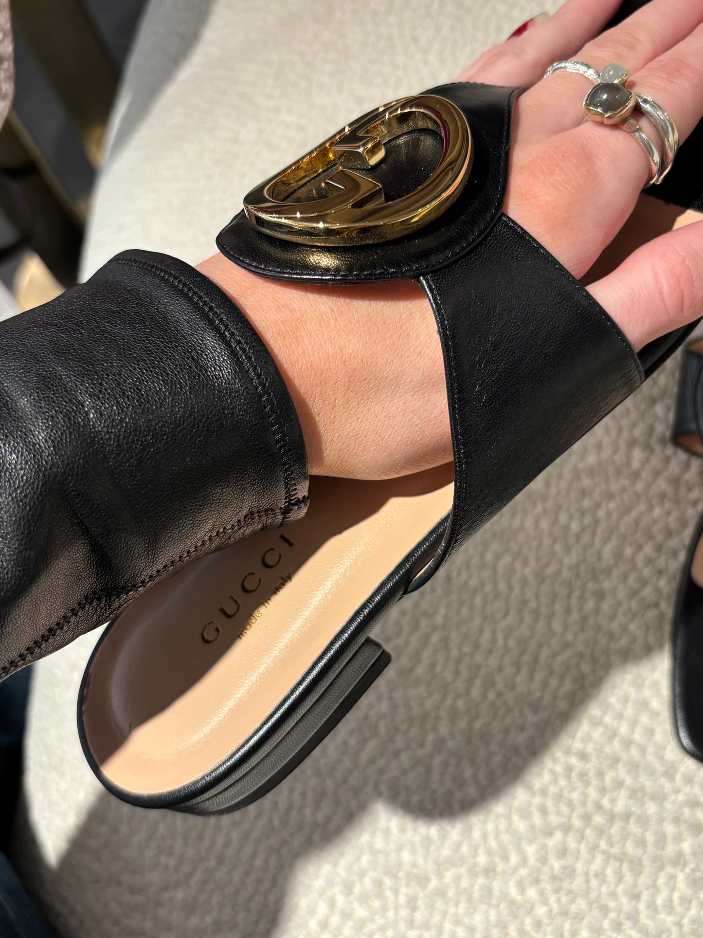 Gucci Blondie Sandals – Black Leather with Gold Logo – EU 38.5