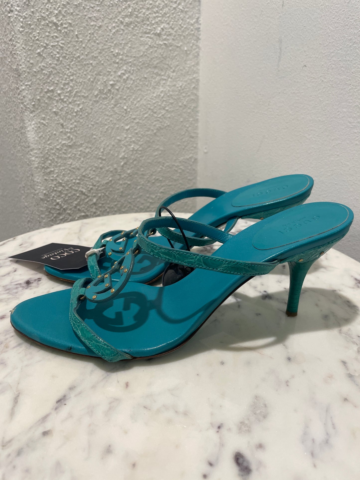 Gucci Turquoise Interlocking GG Studded Crocodile-Embossed Mule Sandals - 37,5 C