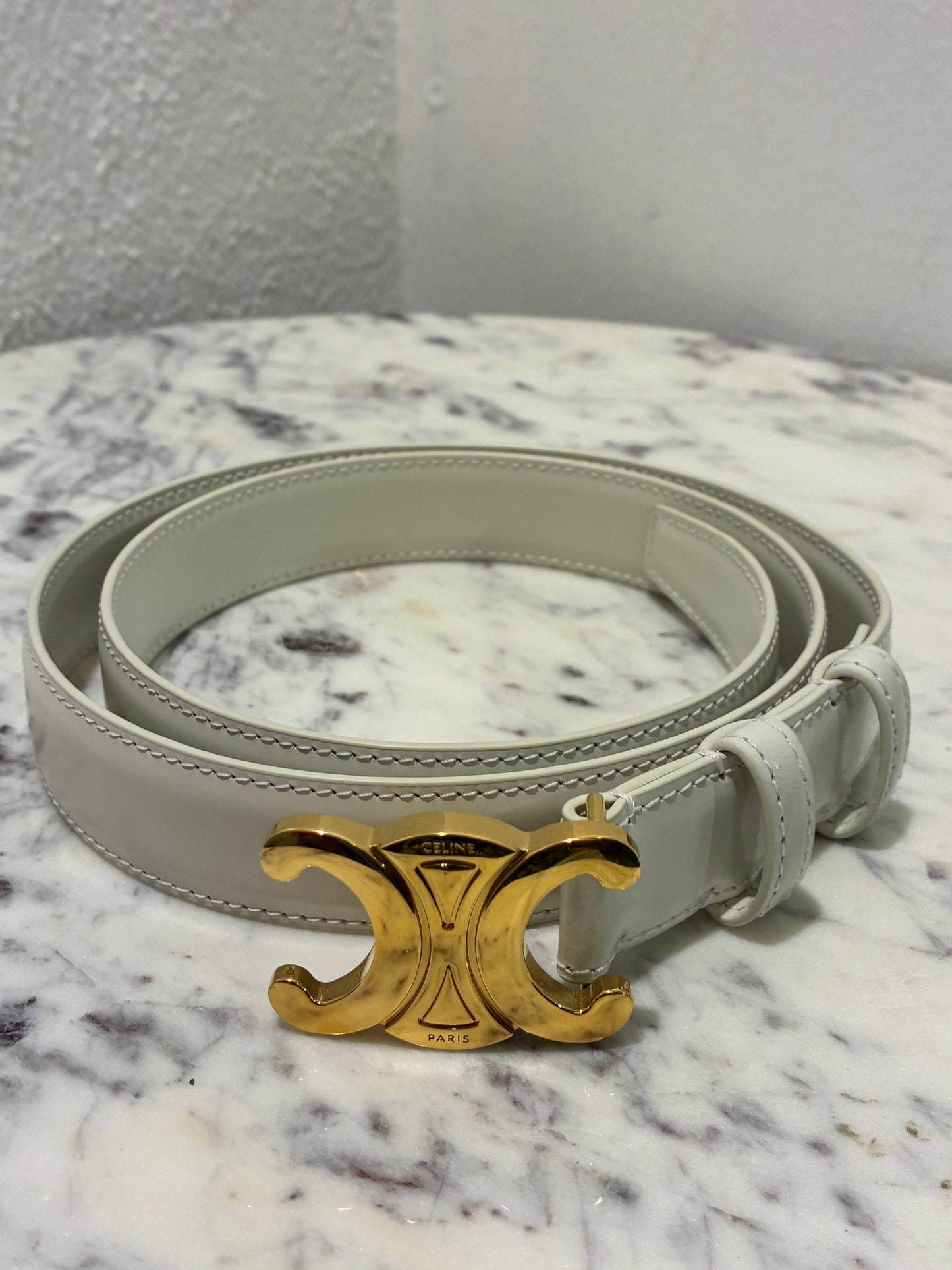 Celine Belt – Triomphe Belt in Cream Leather & Gold Hardware Size 85