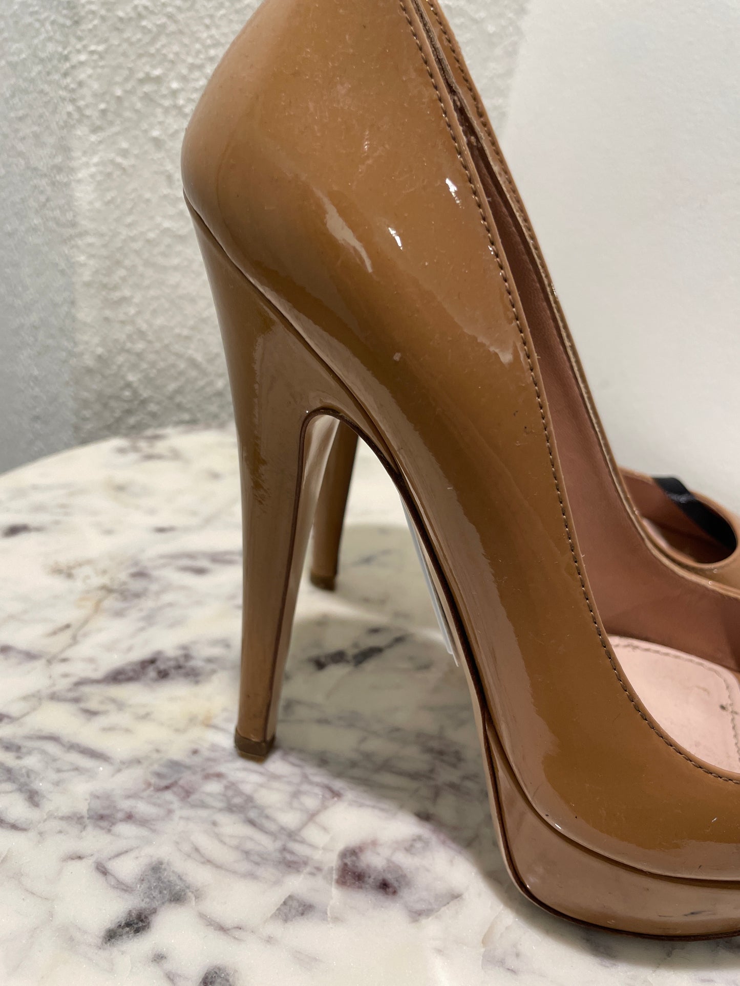 Vintage Miu Miu Camel Patent Leather Peep-Toe Platform Pumps - 36