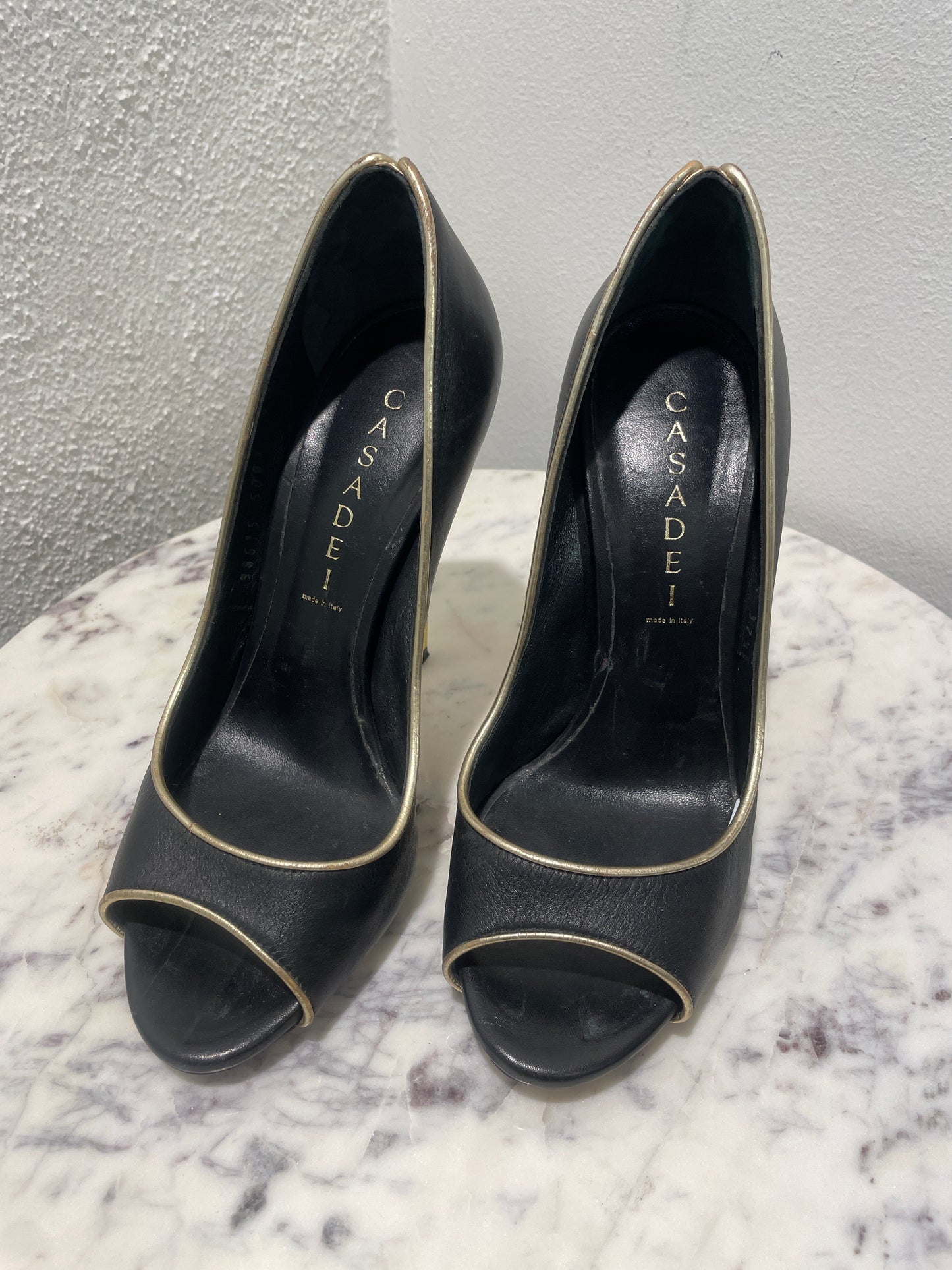 Casadei Black Leather 'Blade' Peep-Toe Pumps with Gold Trim & Heel - 37,5