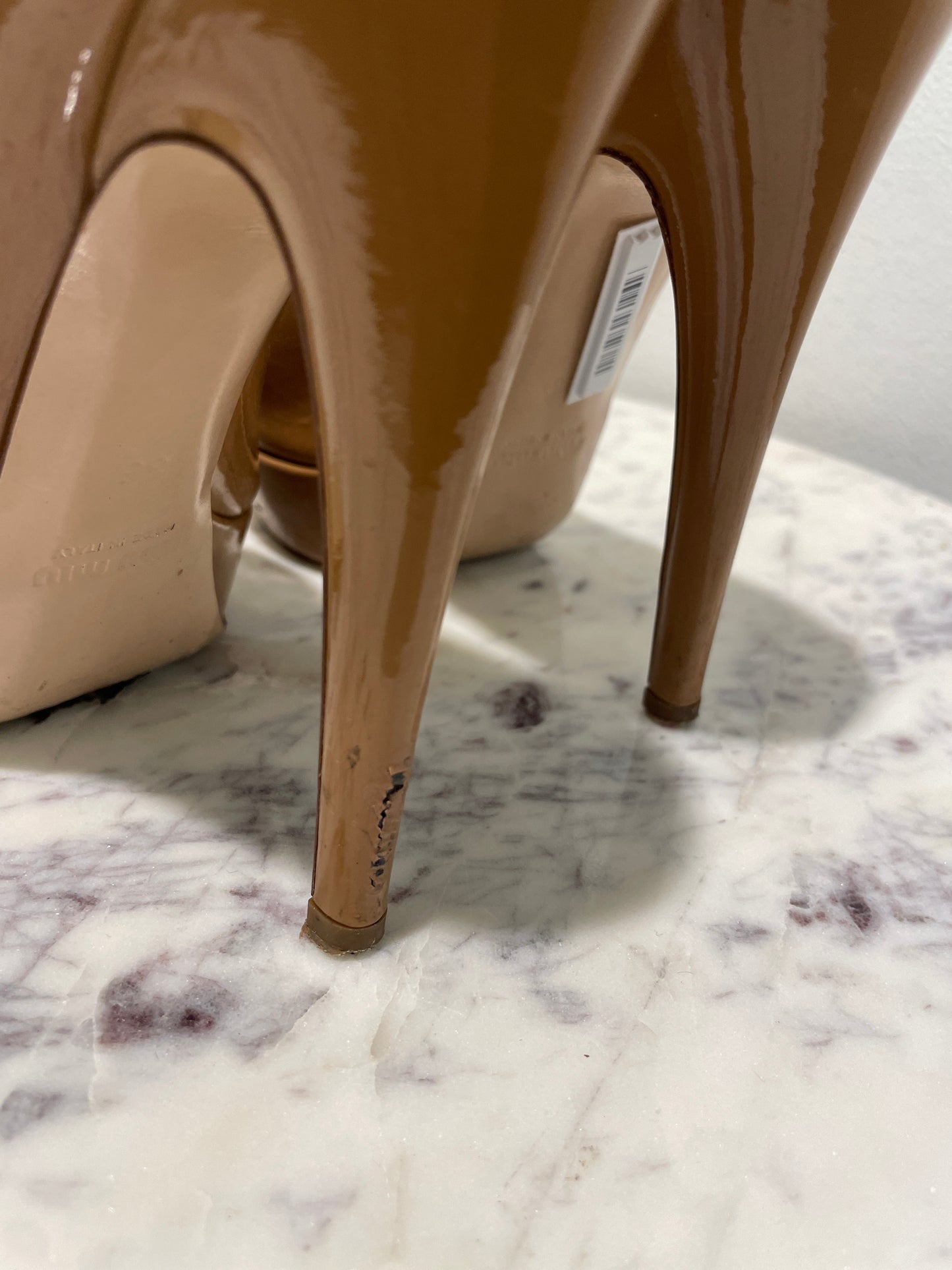 Vintage Miu Miu Camel Patent Leather Peep-Toe Platform Pumps - 36