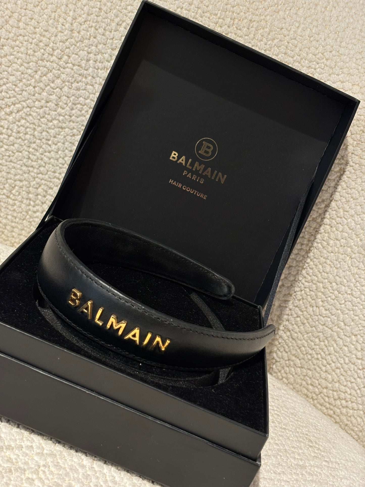 Balmain Headband - Black Leather & 18 Carat Gold Logo