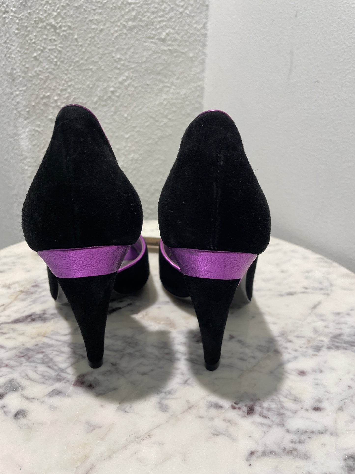 Vintage Dolce & Gabbana Black Suede Peep-Toe Pumps with Purple Heel Accents - 38