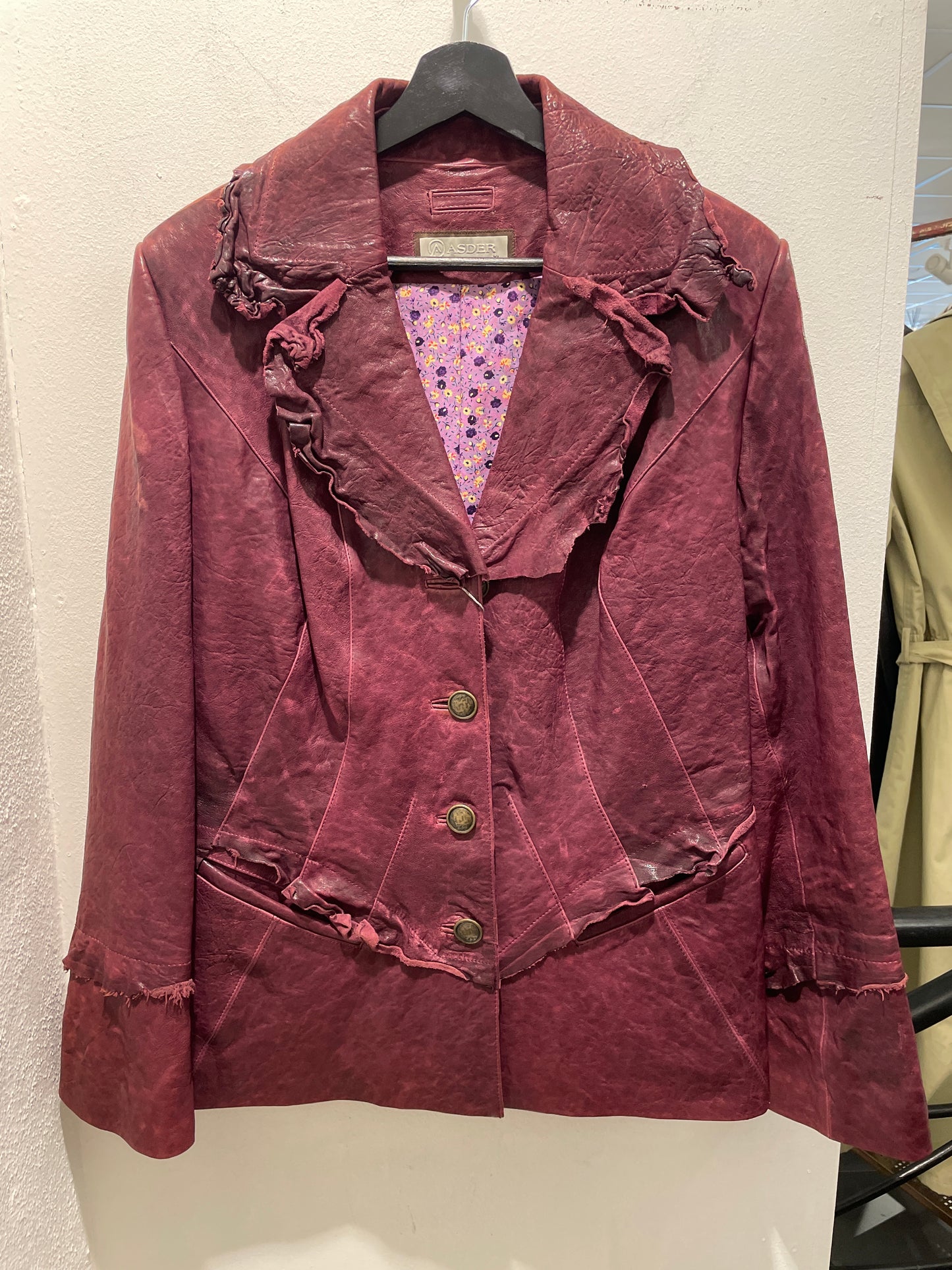 High-End Vintage-Look Distressed Burgundy Leather Blazer - XL