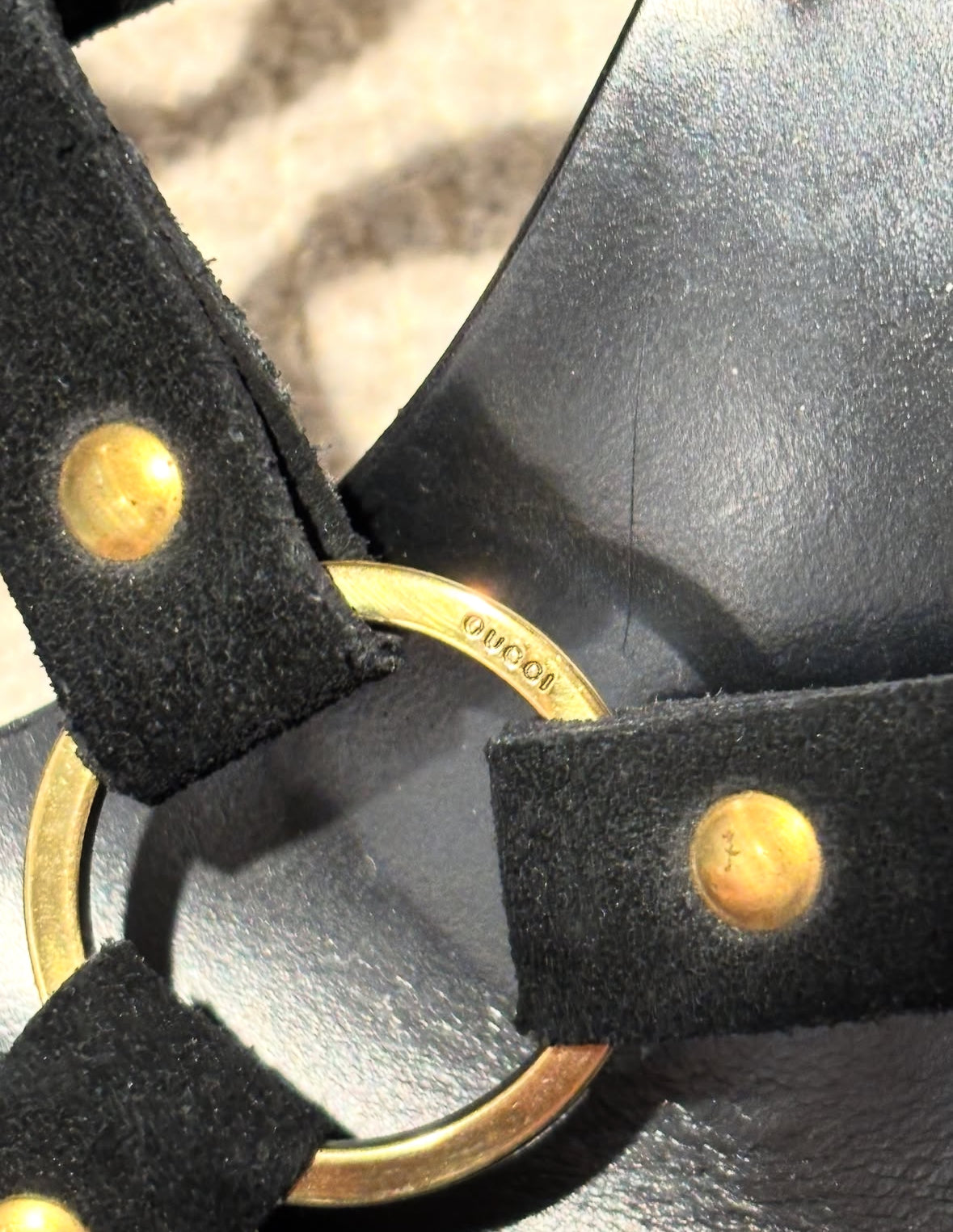 Gucci Heeled Sandals – Black Suede with Gold Metal Heel & Ring – EU 39.5