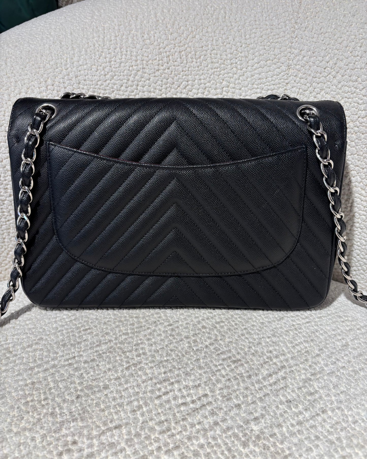 Chanel Classic Flap Bag Chevron - Jumbo - Black Caviar & Silver Hardware