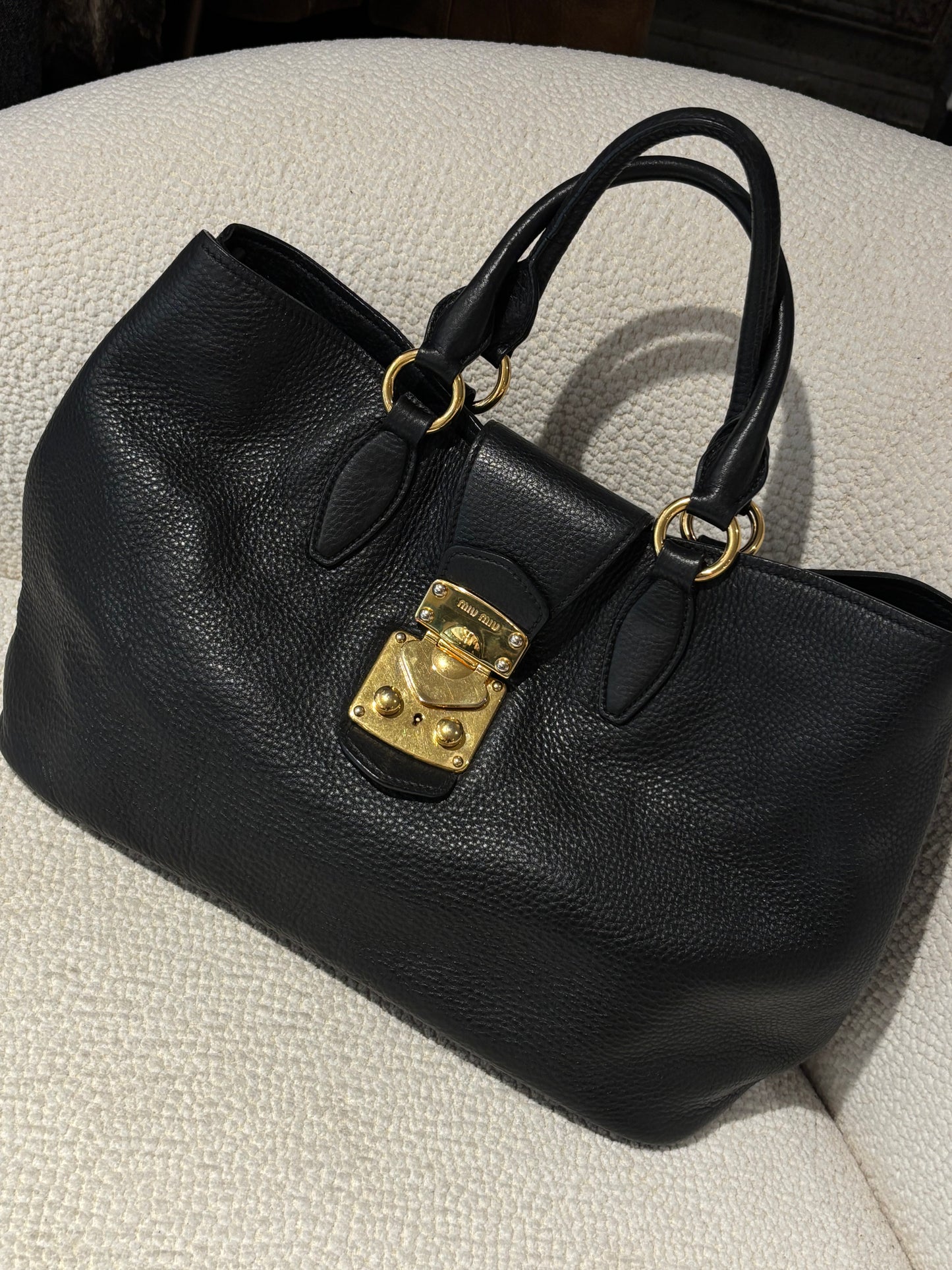 Miu Miu - Vitello Caribu Tote - Black Leather & Gold Hardware