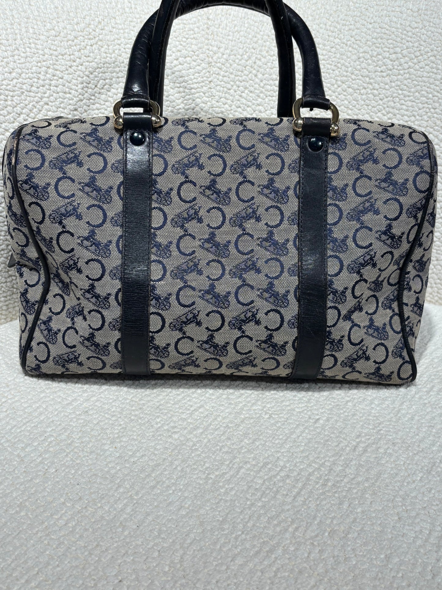 Celine Vintage Macadam Boston Bag – Grey & Navy Canvas & Leather