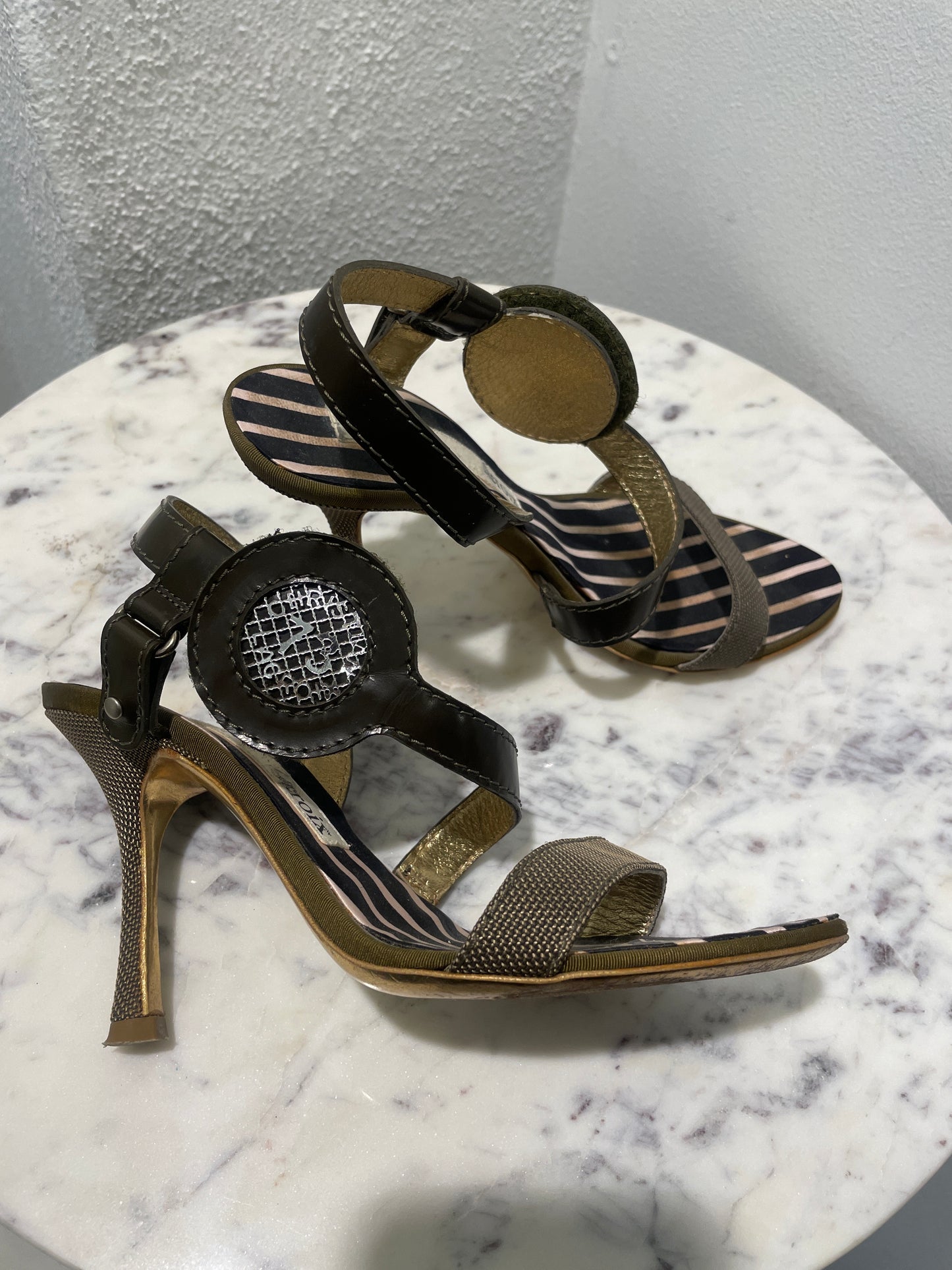 Christian Lacroix Vintage Striped Silk Strappy Sandals with Rhinestone Circle Details -  36