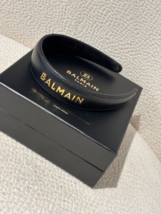 Balmain Headband - Black Leather & 18 Carat Gold Logo