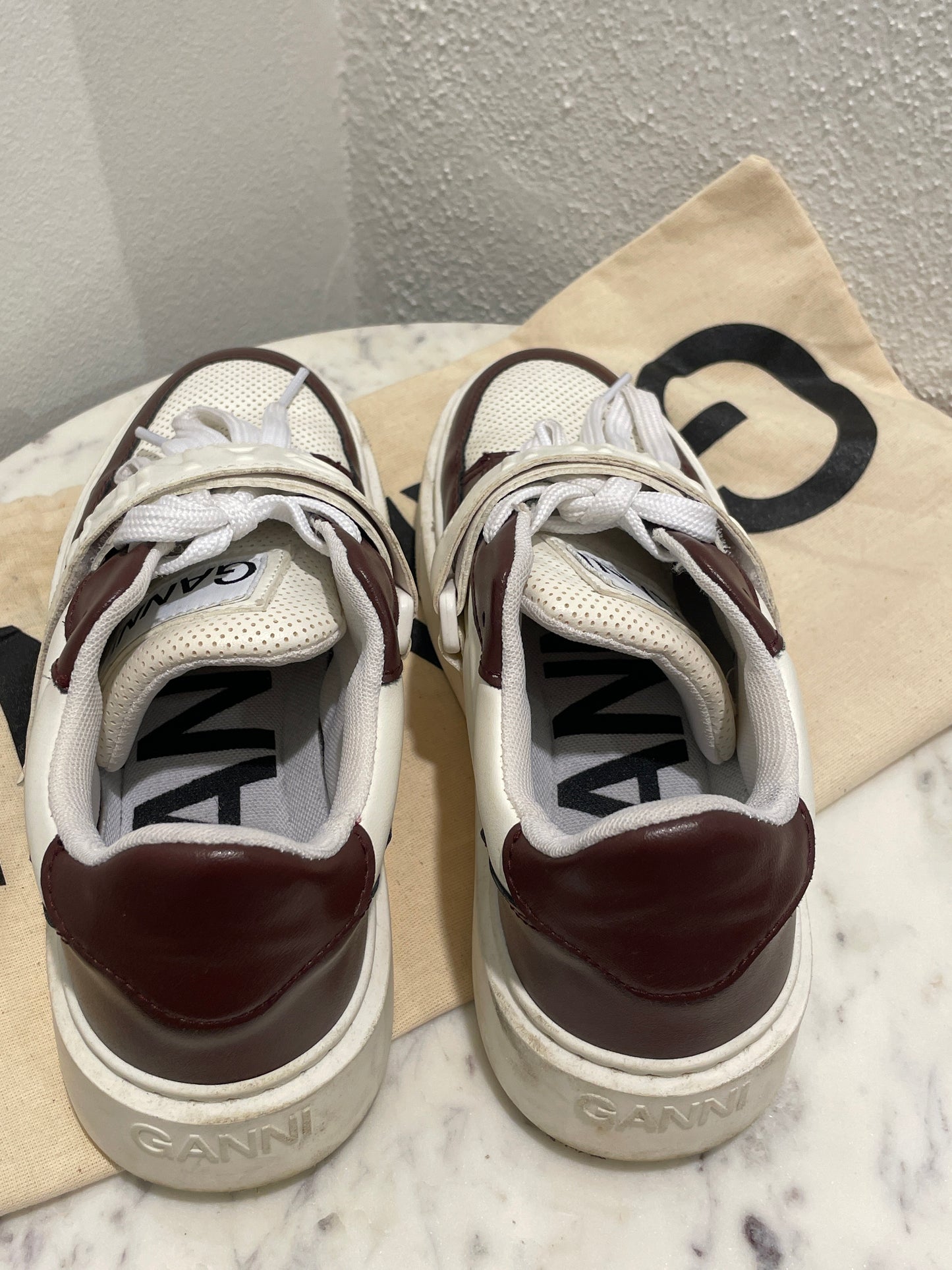 GANNI Sporty Mix Cupsole Low Top Velcro Sneakers – Burgundy / Egret – 36
