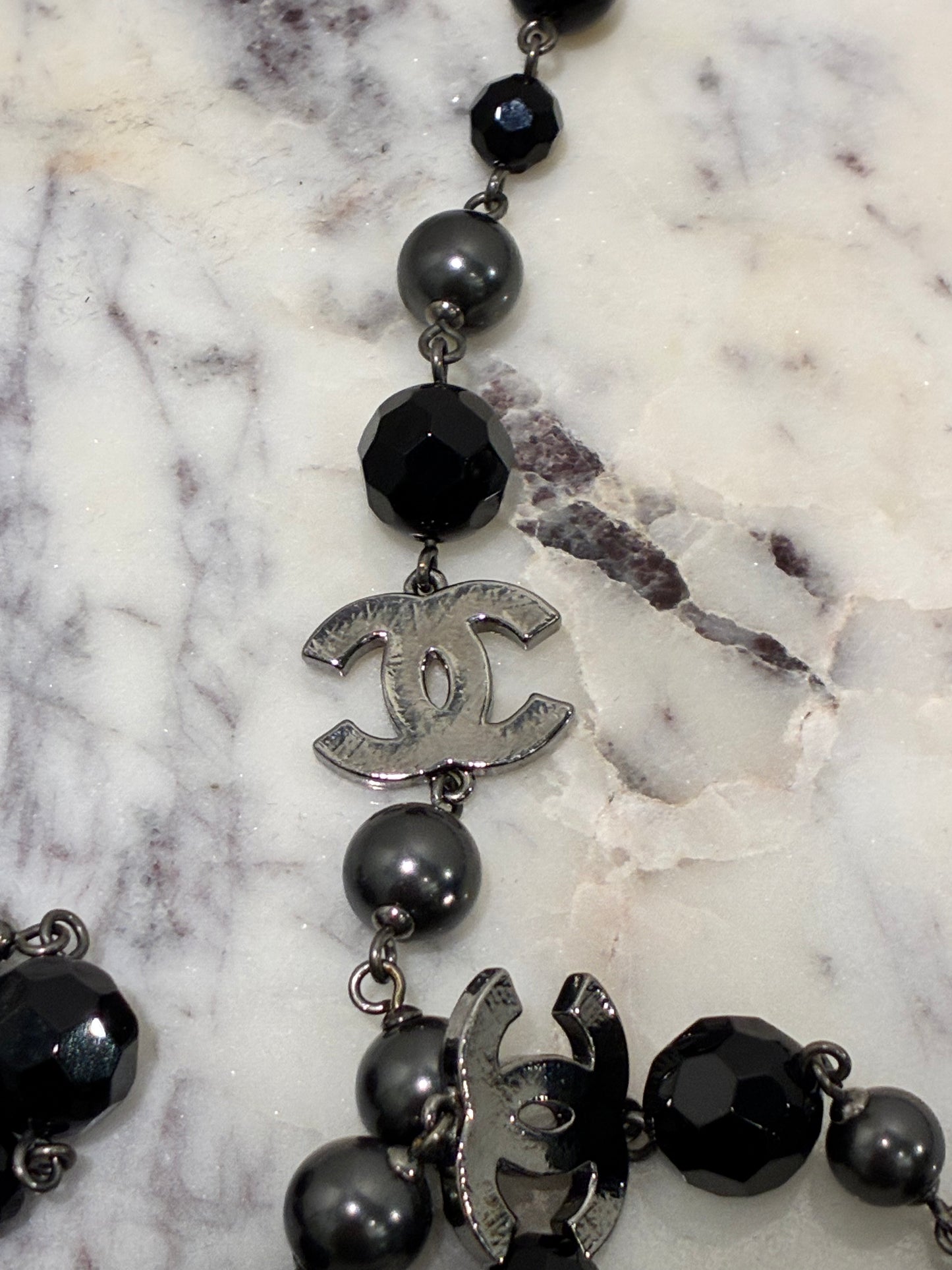 Chanel Beaded Necklace – Black Pearls & Oxidised Silver Logos